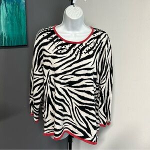 Alfred Dunner Women’s XL Zebra Print Top Embellished Black White 3/4 Sleeves